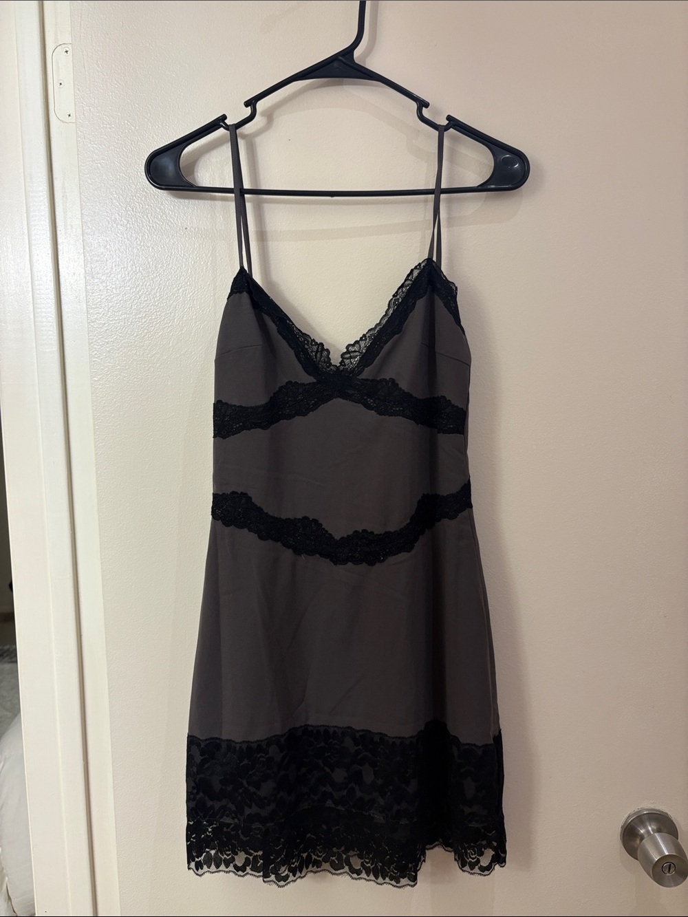 mistress rocks - Lace Trim V-Neck mini dress in Gray with Black Lace